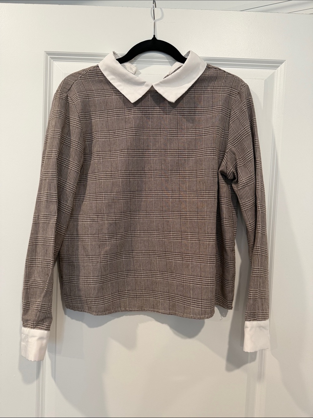 SHEIN Brown Plaid Long-Sleeve Top with White Peter Pan Collar